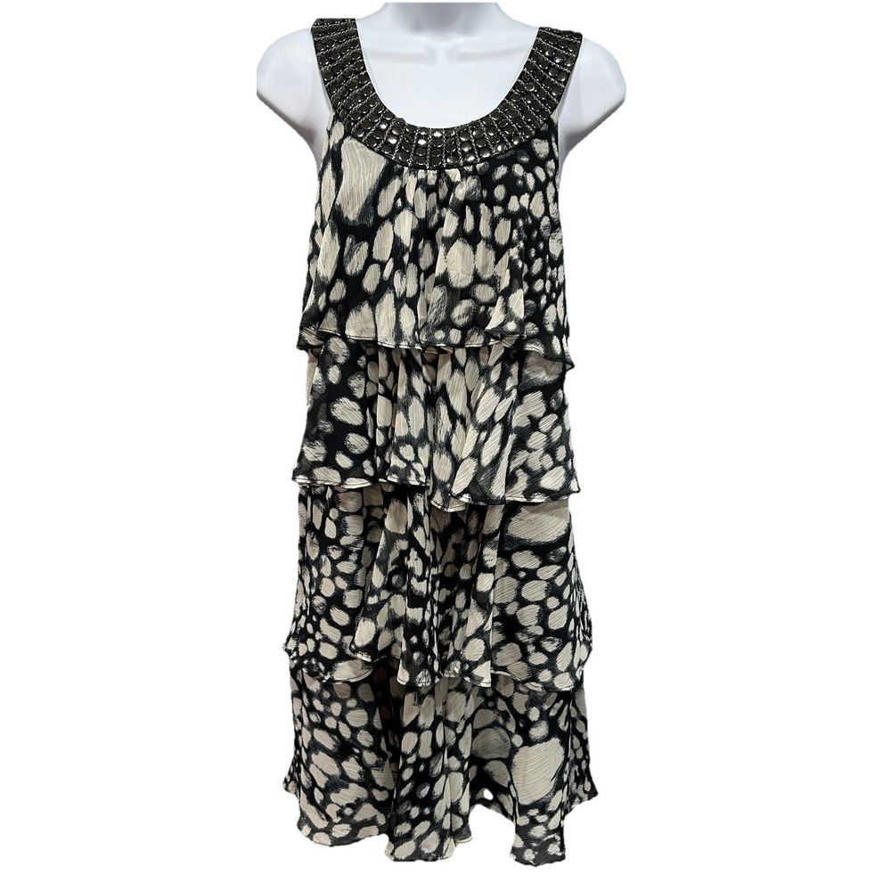 Studio I Mini Dress Womens 14 Black Gray Sleeveless Tier Shift Stretch Studded